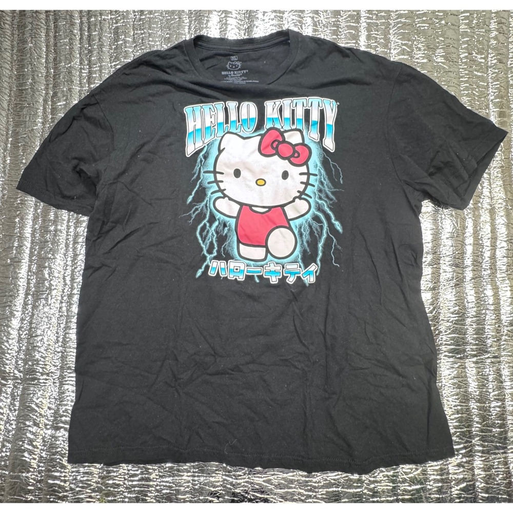 Hello Kitty Sanrio Black Graphic T-Shirt XL Lightning Japanese Katakana Cotton